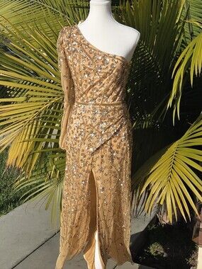 Mac Duggal One-Shoulder Gold Sequin Evening Gown